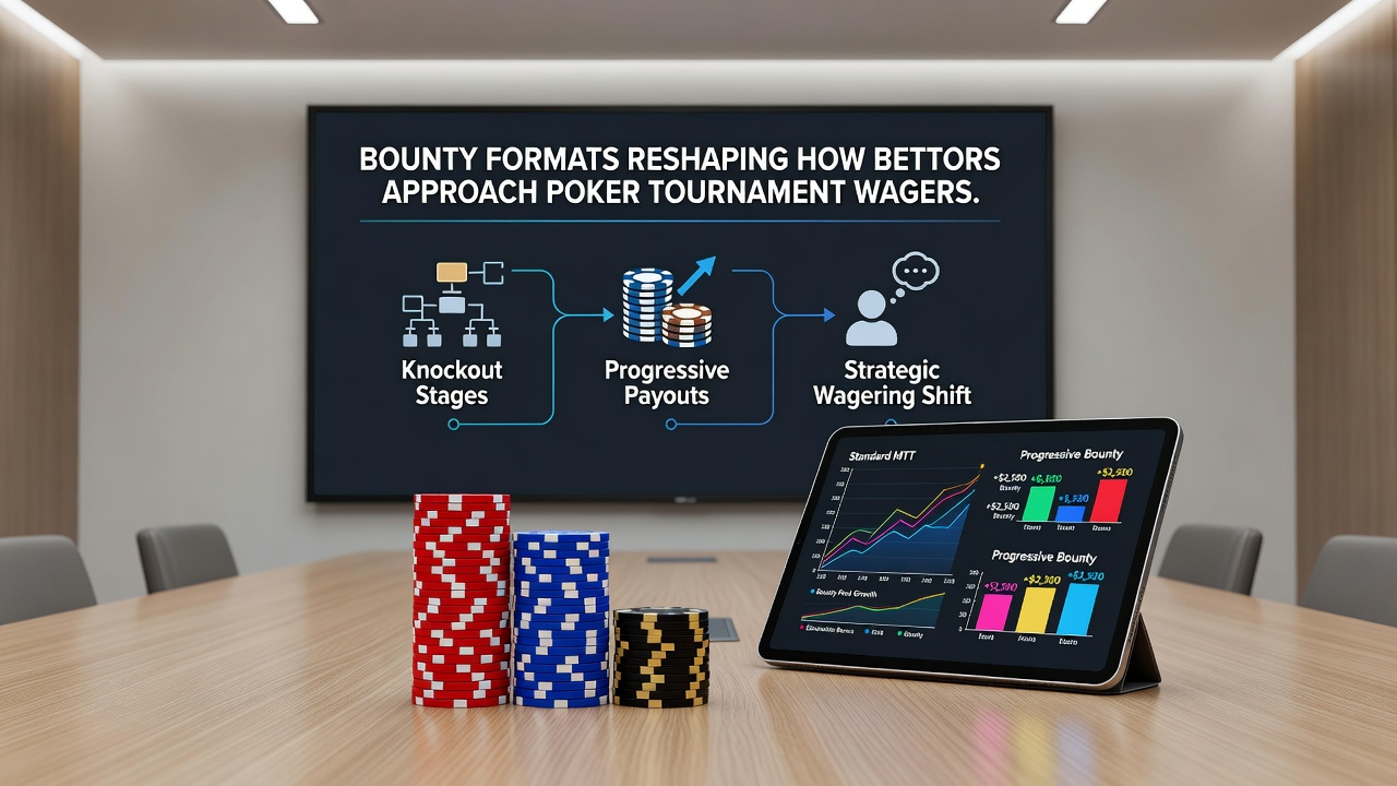 Live poker tournament floor with players and visible bounty graphics on screens