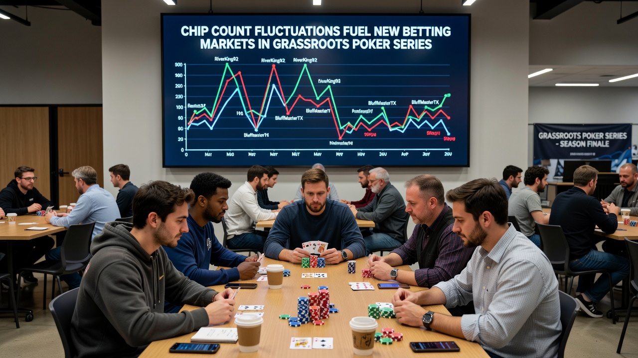 Close-up of poker chips being counted and recorded by tournament staff for live betting updates