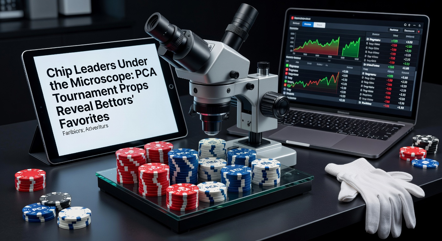 Chip leader stacks towering over PCA tournament felt during a high-stakes hand, with bettors' screens showing live prop odds in the background