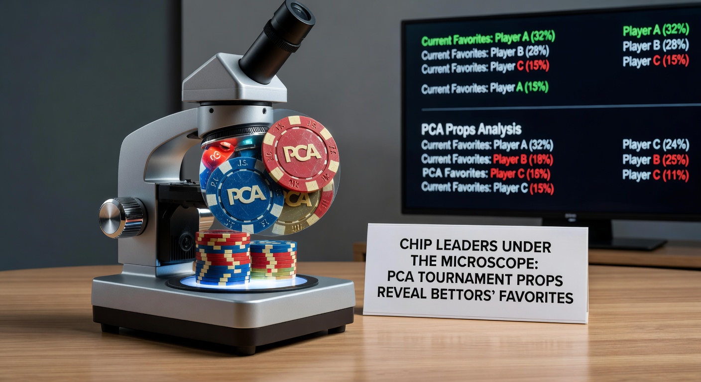 Close-up of a PCA chip leader celebrating a massive pot, surrounded by rivals checking stacks amid buzzing tournament floor energy