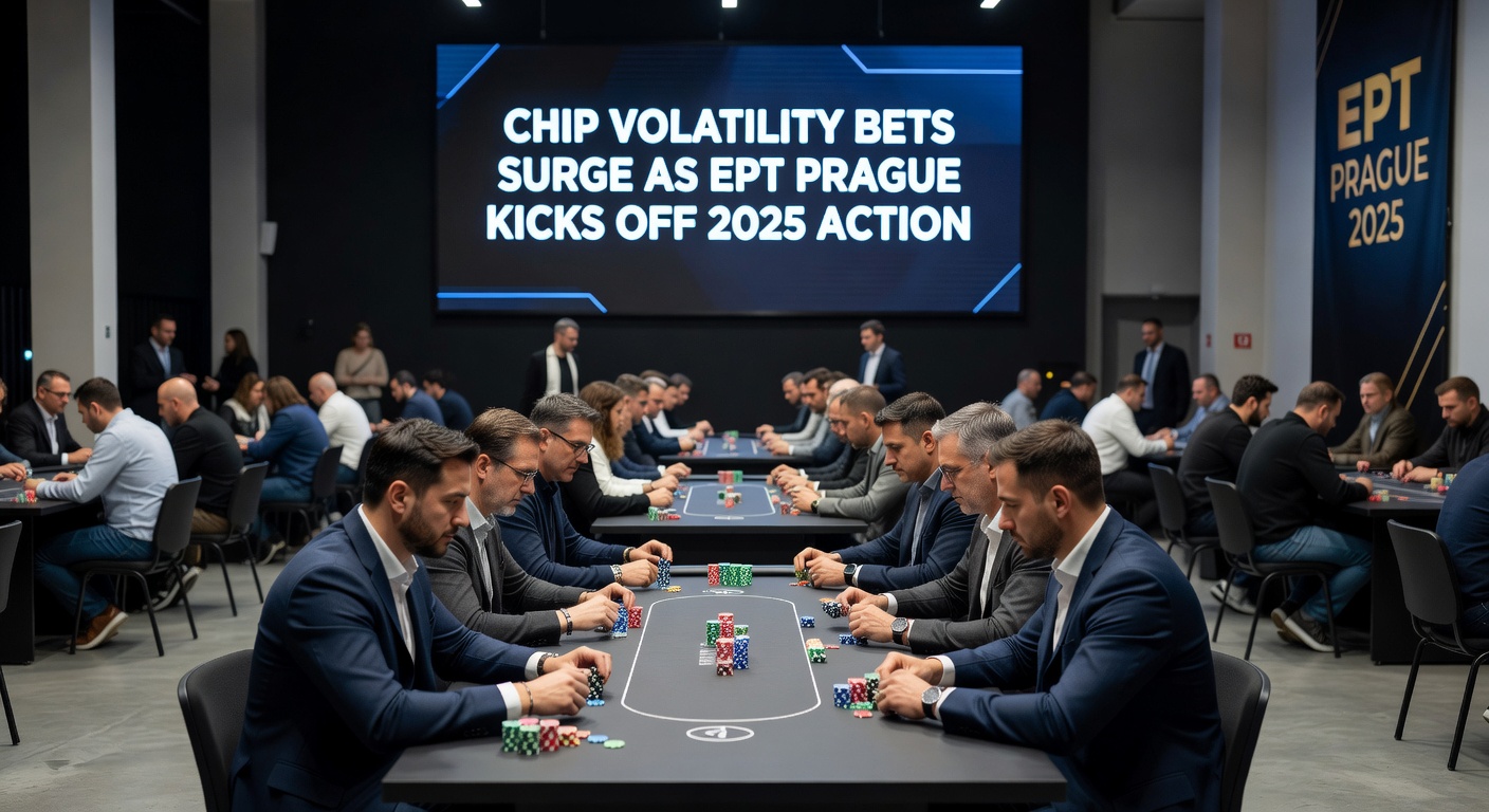 Digital sportsbook interface displaying live chip volatility prop bets during EPT Prague 2025, with fluctuating lines and player stack graphs