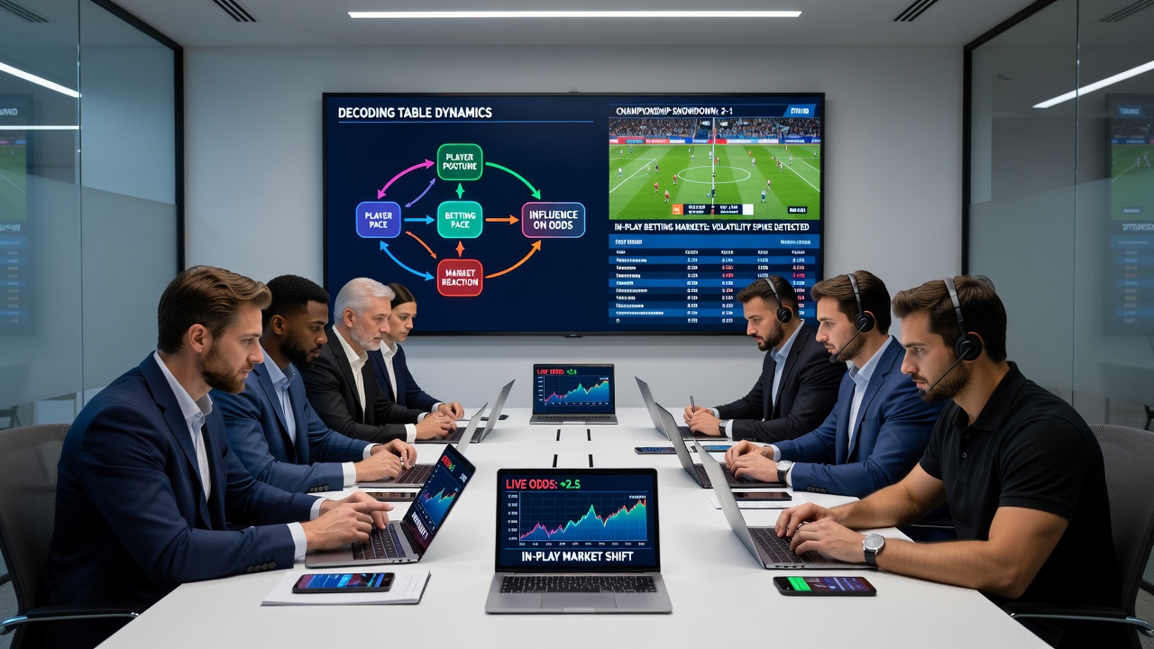 Live betting interface displaying fluctuating odds alongside a poker table with players analyzing positions and stacks