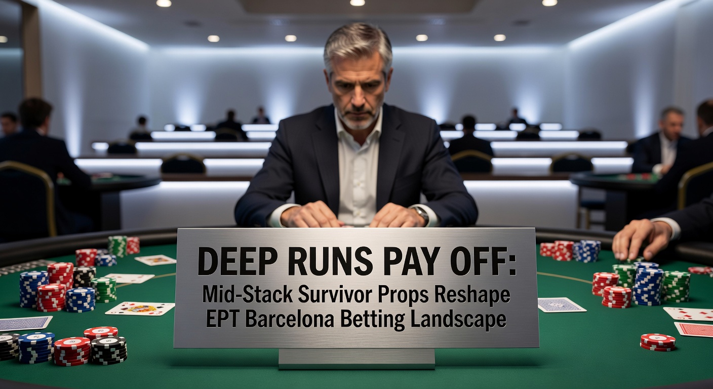 Vibrant EPT Barcelona poker room filled with players at mid-stage tables, screens displaying live odds for survivor props