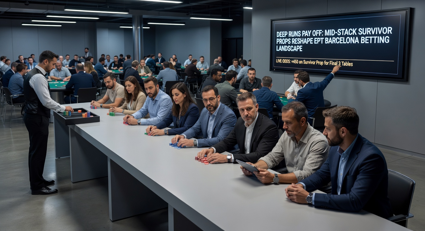 Close-up of a poker player deep in concentration at EPT Barcelona, overlay showing mid-stack survivor odds fluctuating live