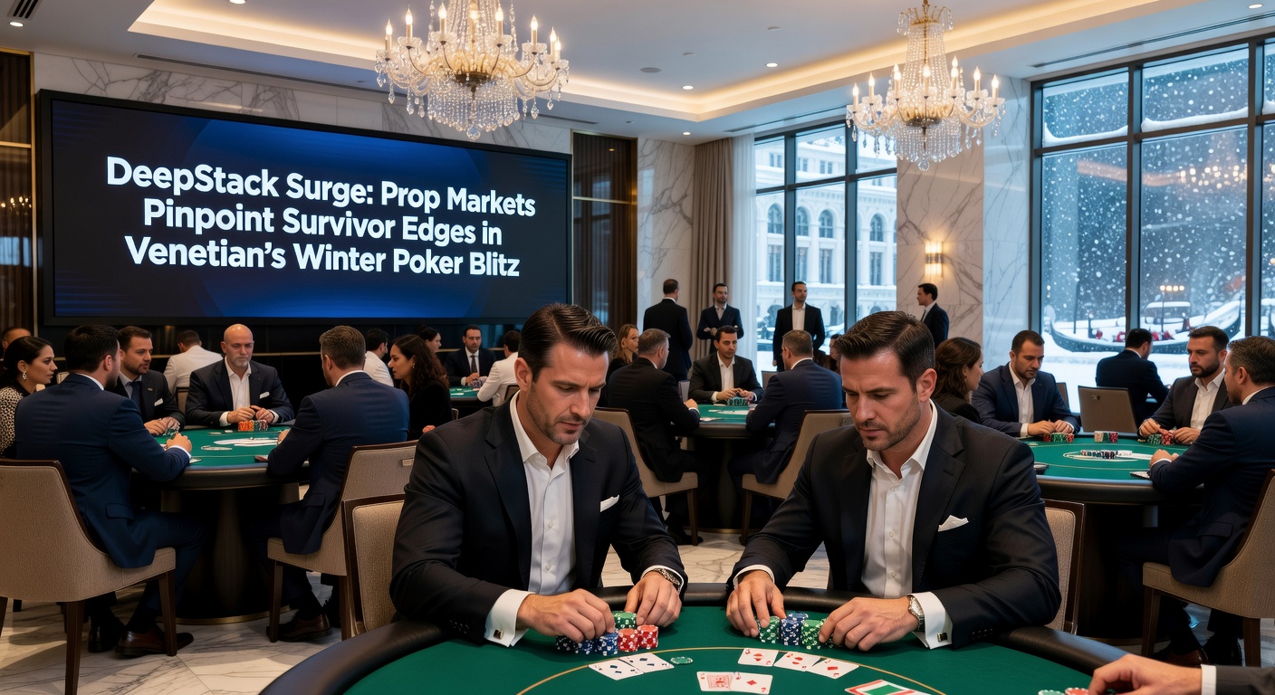 Players deep in concentration during a heated DeepStack hand at the Venetian Winter Poker Blitz, chips stacked high amid the buzz of prop bet action