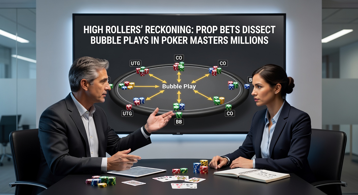 High-stakes poker table during bubble play at Poker Masters Millions, chips stacked high amid tense negotiations