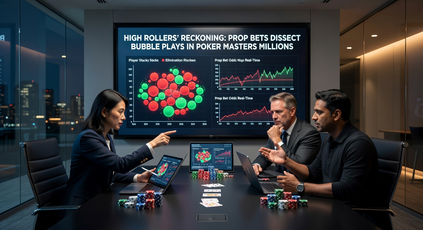 Close-up of poker players deliberating a bubble shove, tension etched on faces with stacks in foreground