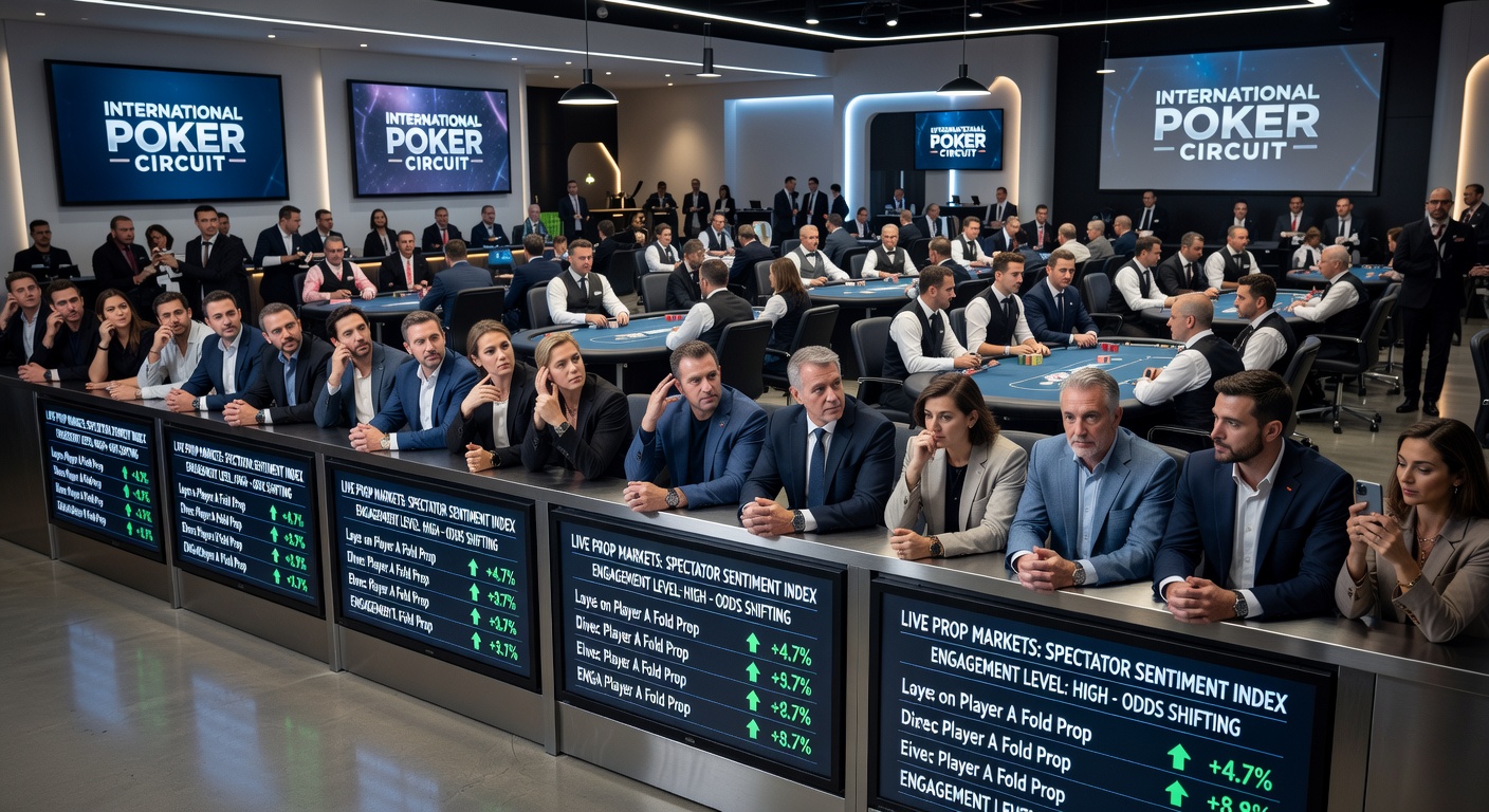 Spectators gathered around a poker table at an international tournament influencing live prop betting activity