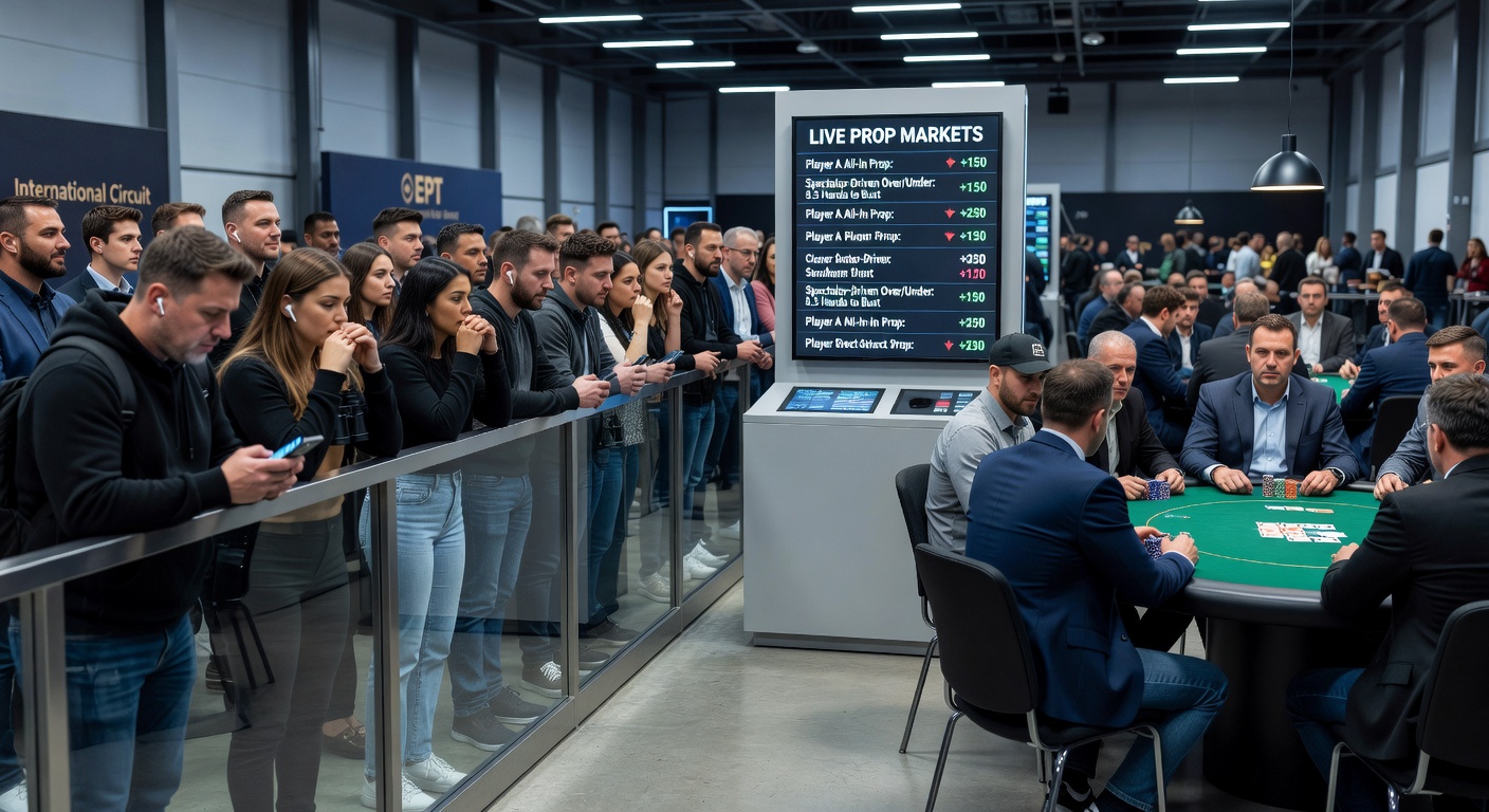 Live prop betting screens updating rapidly as spectators react to poker hands at a major circuit event