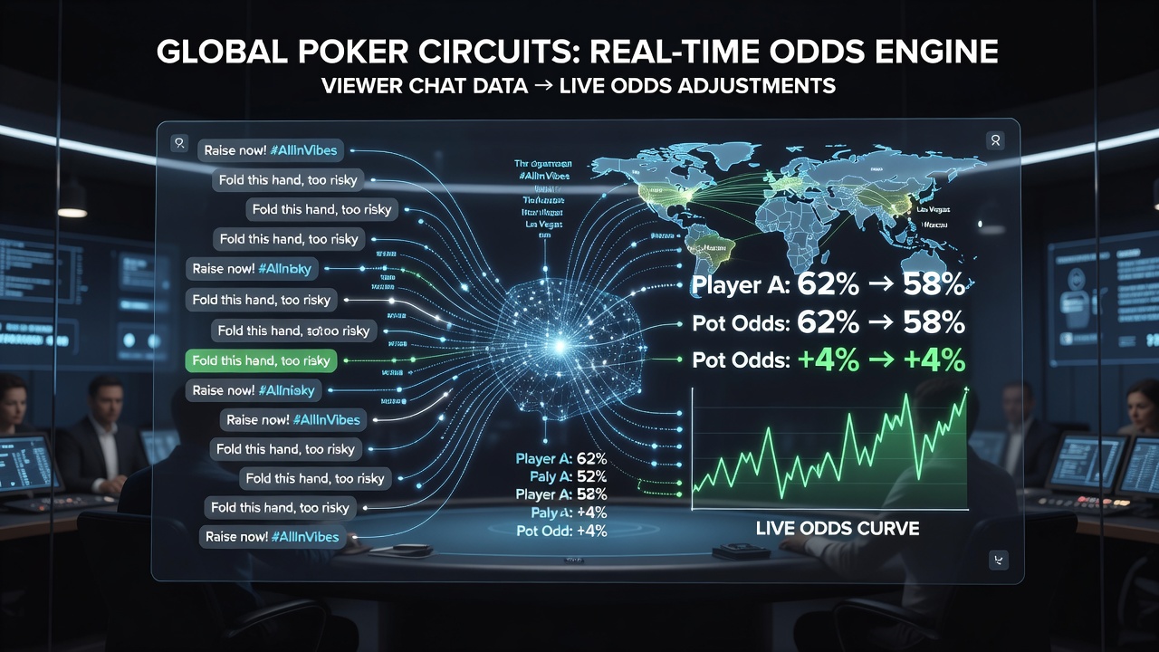 Live poker tournament stream showing viewer chat overlay alongside dynamic betting odds display