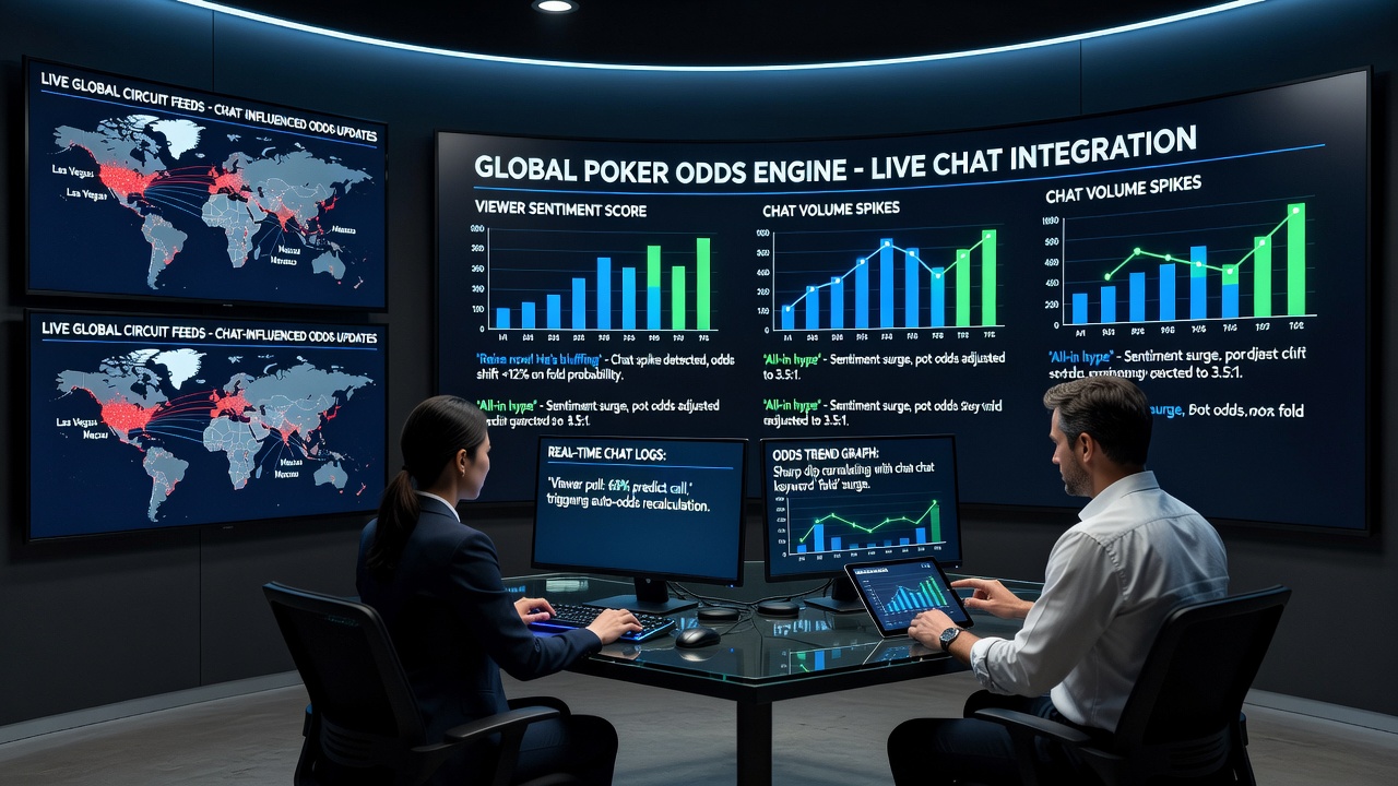 Analytics dashboard displaying real-time chat sentiment metrics next to live poker odds updates