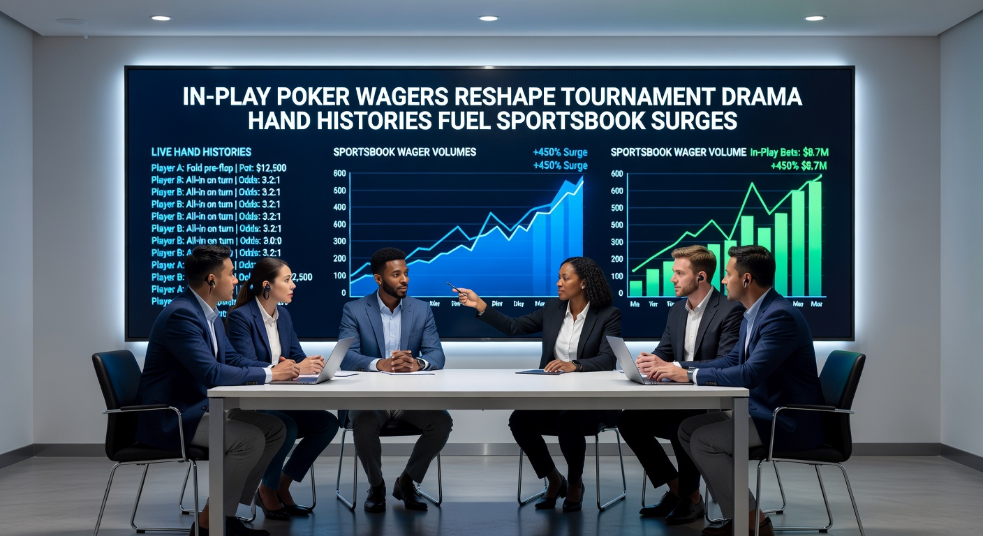 Poker players at a tournament table with live betting screens showing in-play odds in the background, capturing the intensity of real-time wagering