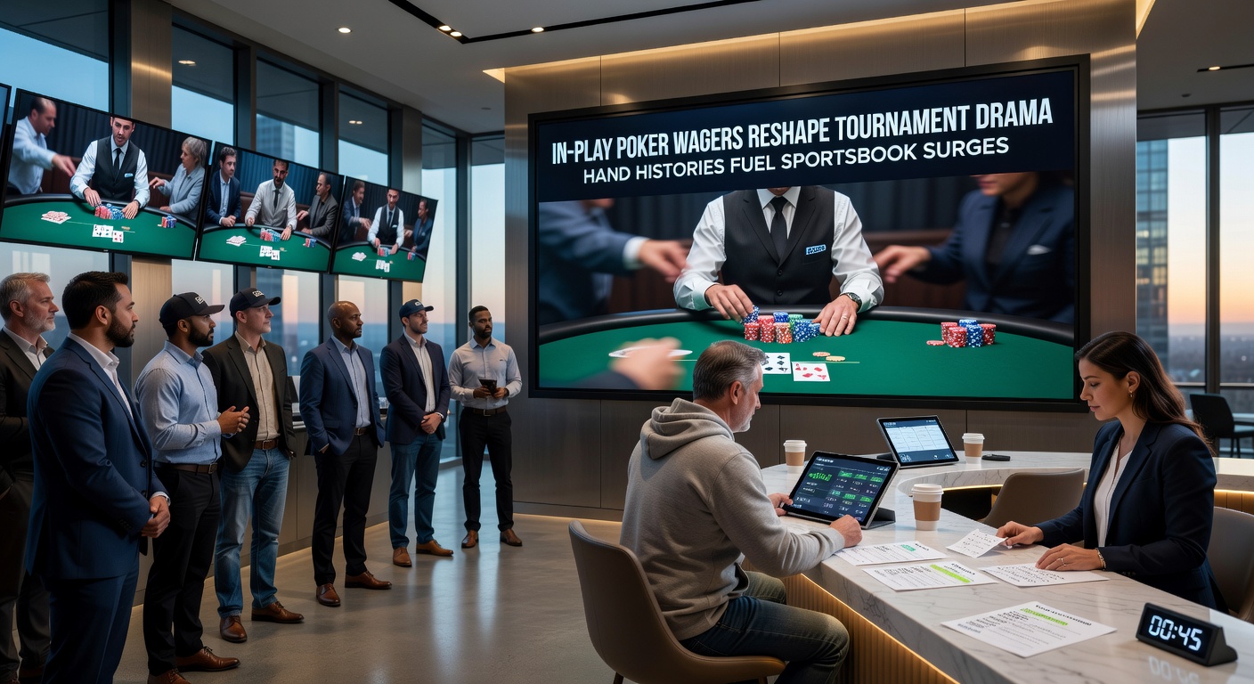 Close-up of a poker hand history display on a sportsbook app, overlaid with fluctuating in-play odds and tournament chip counts