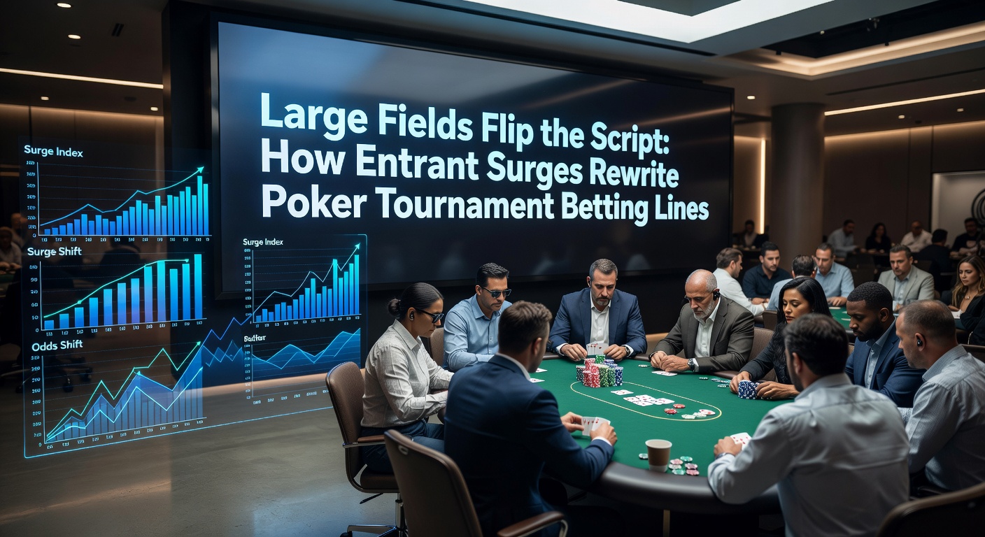 A packed poker tournament room buzzing with hundreds of players at tables, screens showing surging entrant numbers and shifting odds on sportsbooks