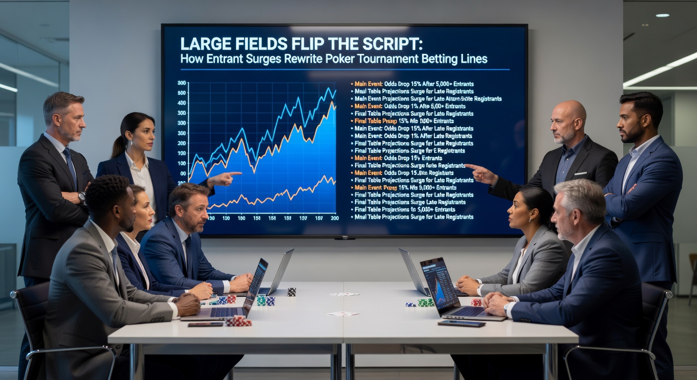 Sportsbook screens displaying rapidly shifting poker tournament odds amid a massive field, with graphs showing entrant surges correlating to line adjustments
