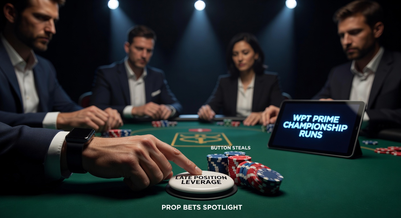 Poker players at the WPT Prime Championship final table, highlighting a button steal attempt with chips flying in late position