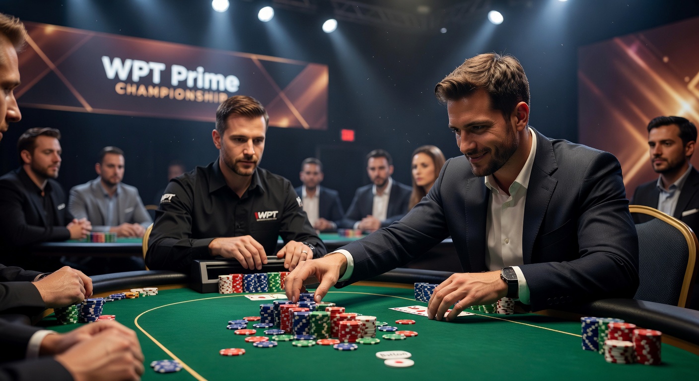 Close-up of a poker hand replay showing a successful button steal in the WPT Prime Championship, with overlaid betting odds and chip stacks