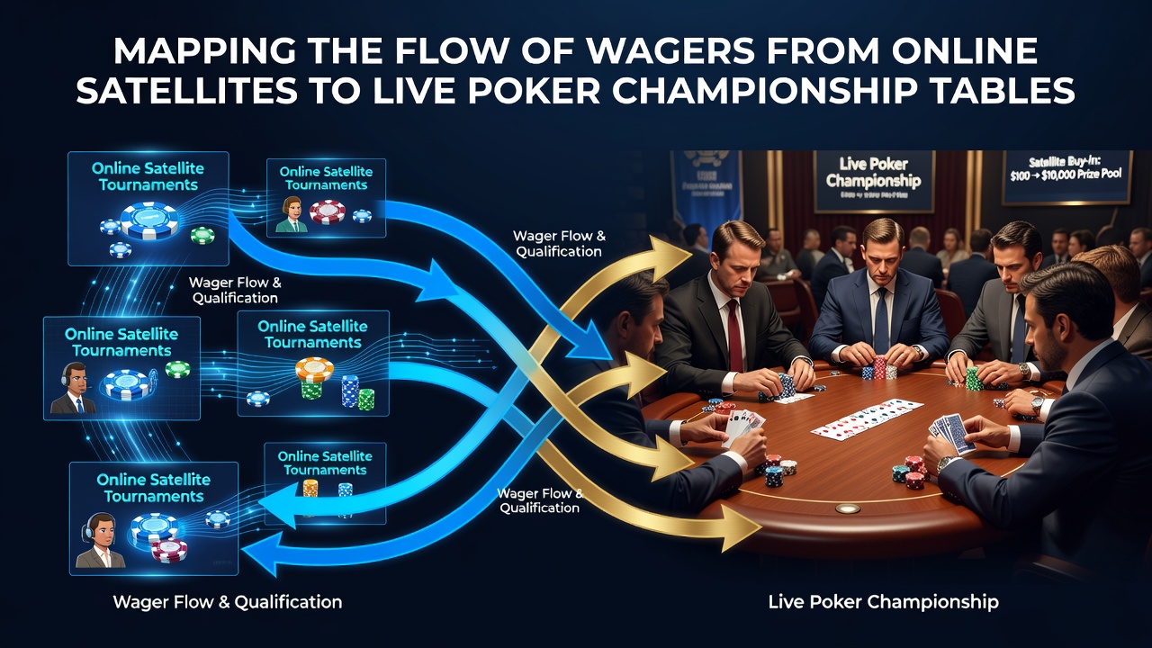 Live poker tournament scene with players at championship tables and betting activity indicators