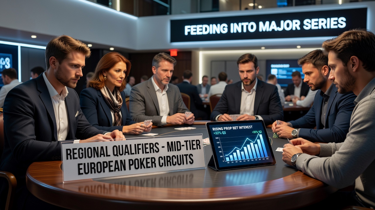 Mid-tier European poker tournament in progress with players at tables and betting activity visible in the background