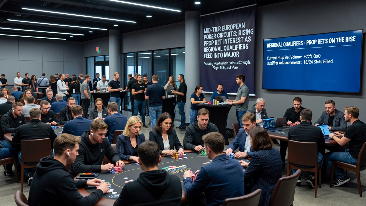 European poker players competing in a regional qualifier event with focus on table action