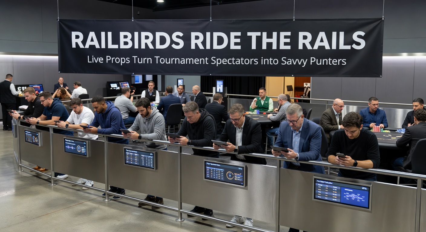 Crowd of poker railbirds huddled around tournament table, smartphones in hand placing live prop bets