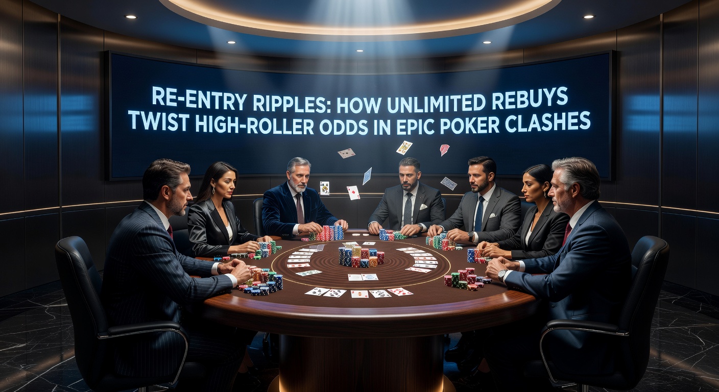 Intense high-roller poker action at a tournament table with stacks of chips and players deep in concentration during a re-entry period