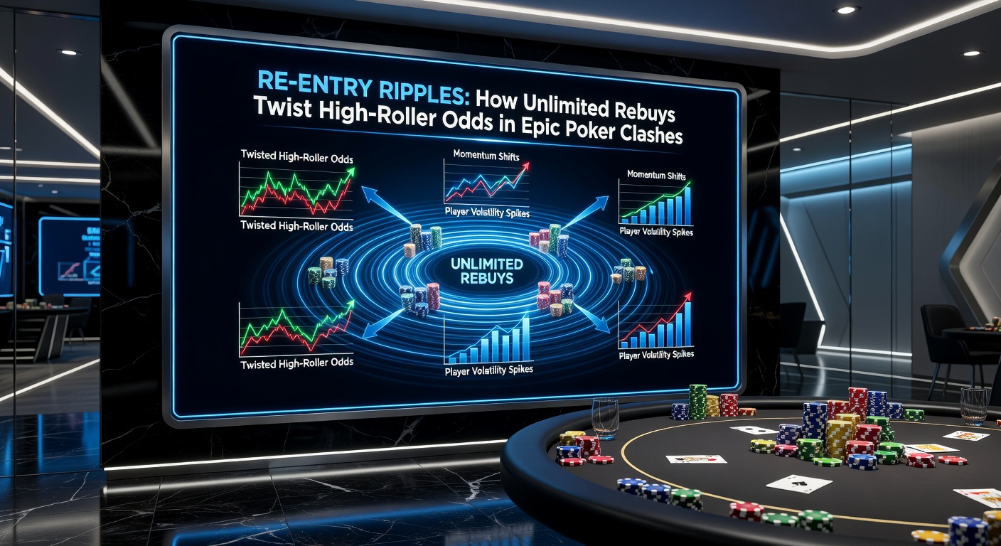 Close-up of poker chips and player cards during a high-stakes re-entry hand, highlighting the tension of unlimited buy-ins