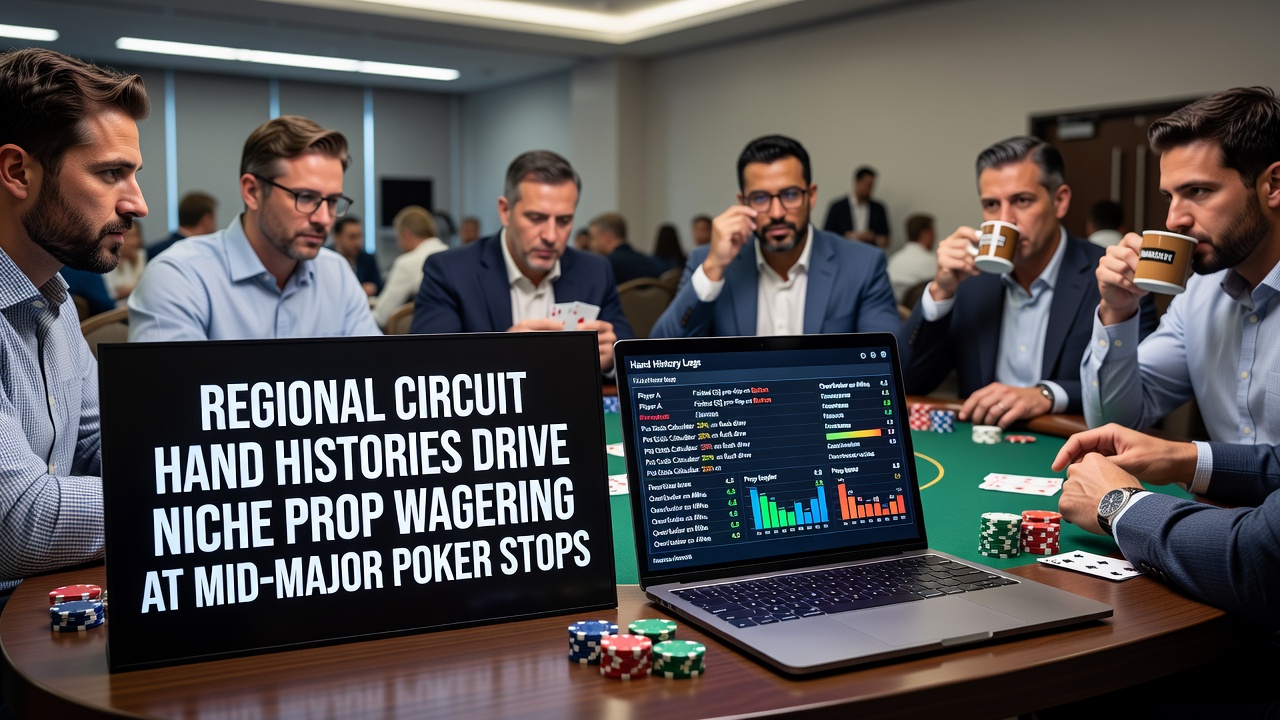 Regional poker tournament players reviewing hand histories on tablets during a mid-major event