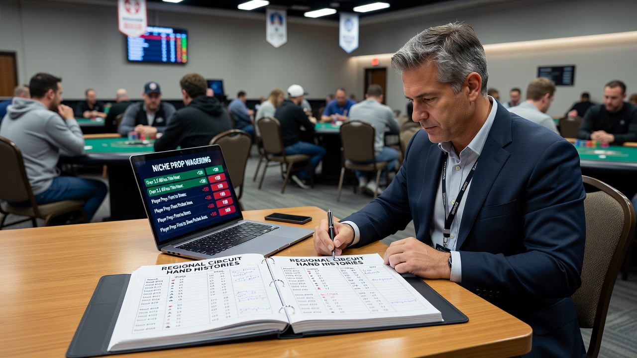 Poker dealers and players at a mid-major tournament table with betting terminals visible in background