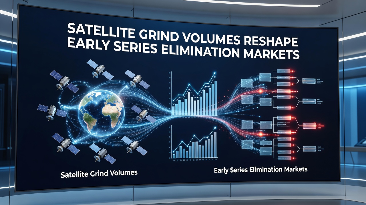 Poker players competing in satellite tournaments with betting markets displayed on screens