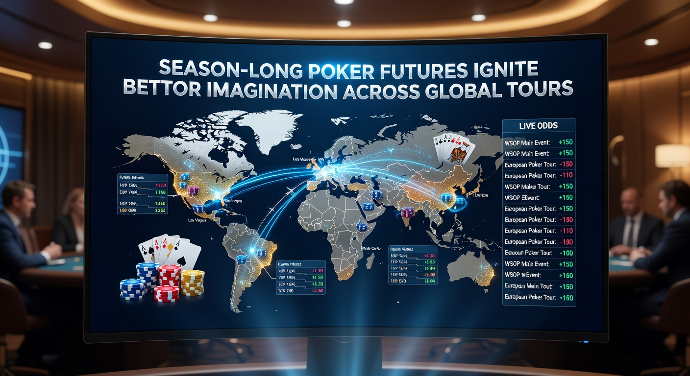 Sportsbook display showing season-long poker futures odds for top players across EPT and WSOP tours