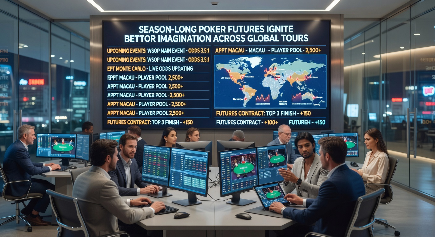 Poker pros at EPT Monte Carlo discussing strategies, with futures odds overlay on screen