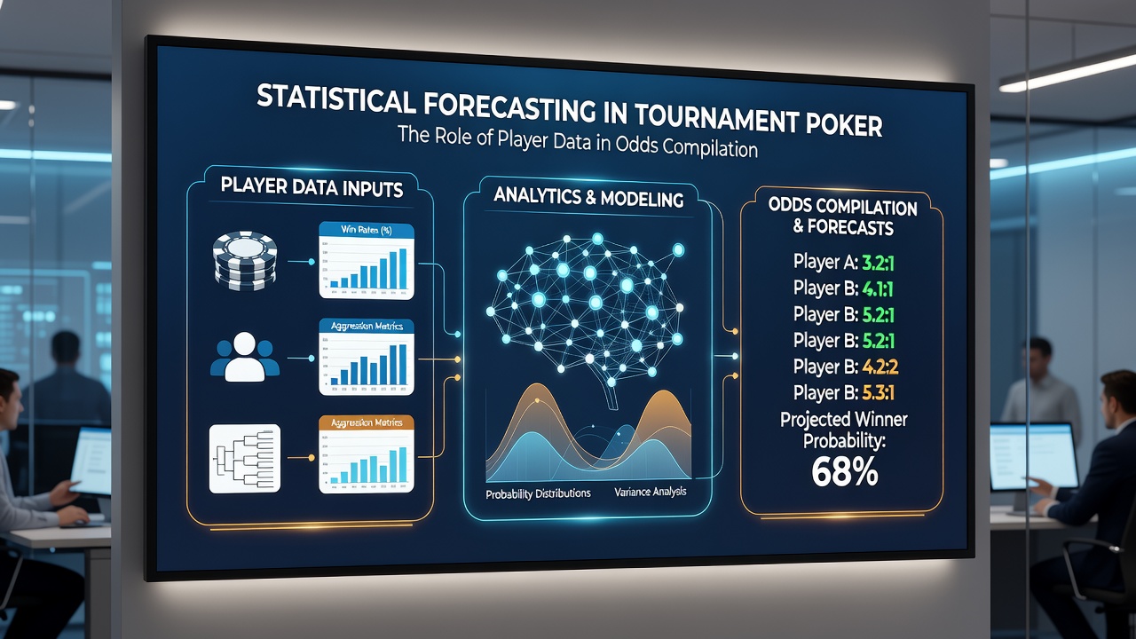 Data analysts reviewing poker statistics on multiple computer screens in a professional setting