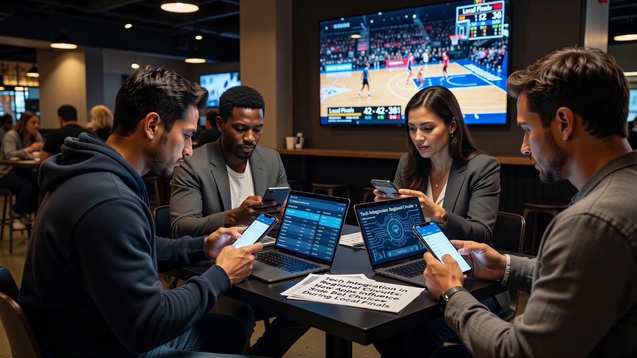 Regional poker players reviewing app-based side bet analytics at a local final