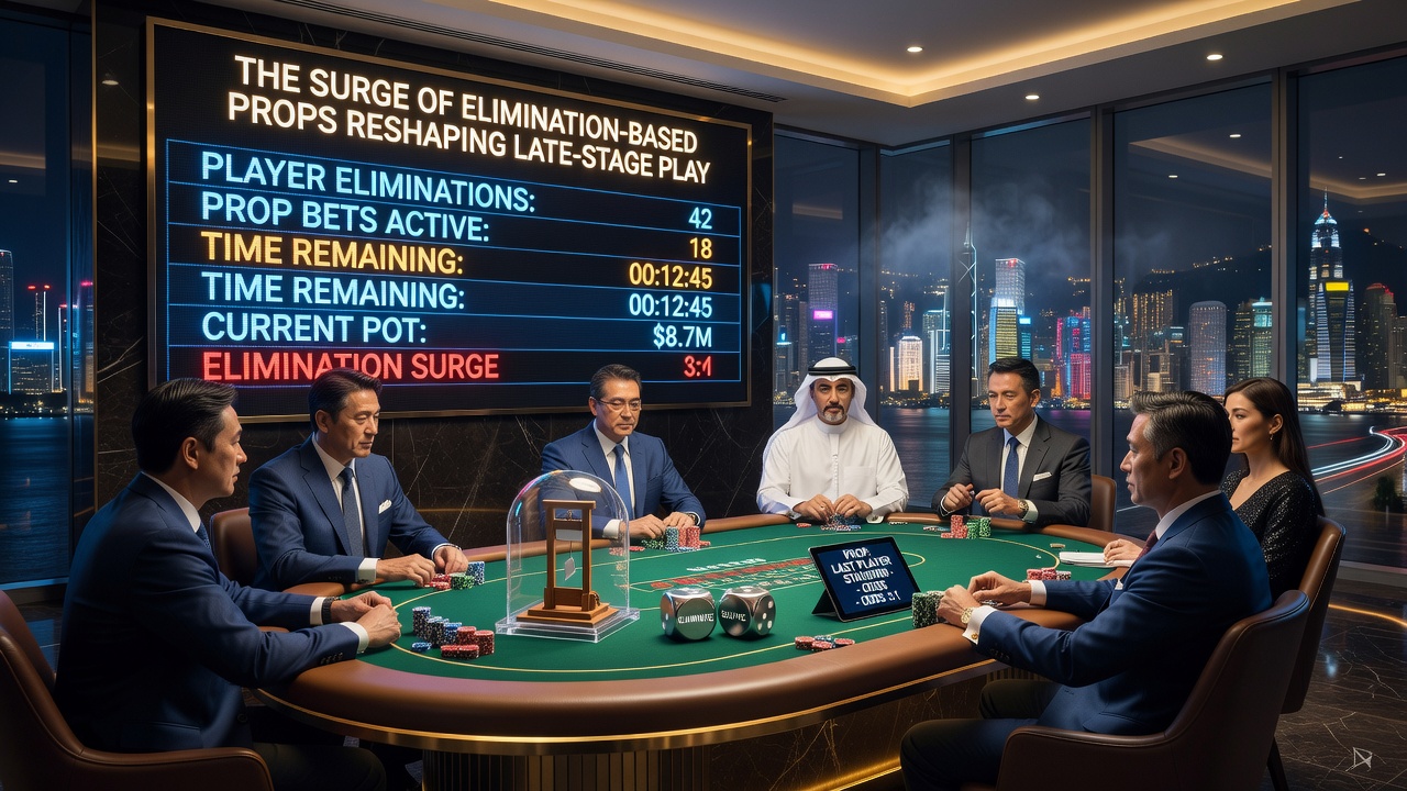 Asian high-roller poker final table with bounty markers and prop betting displays visible