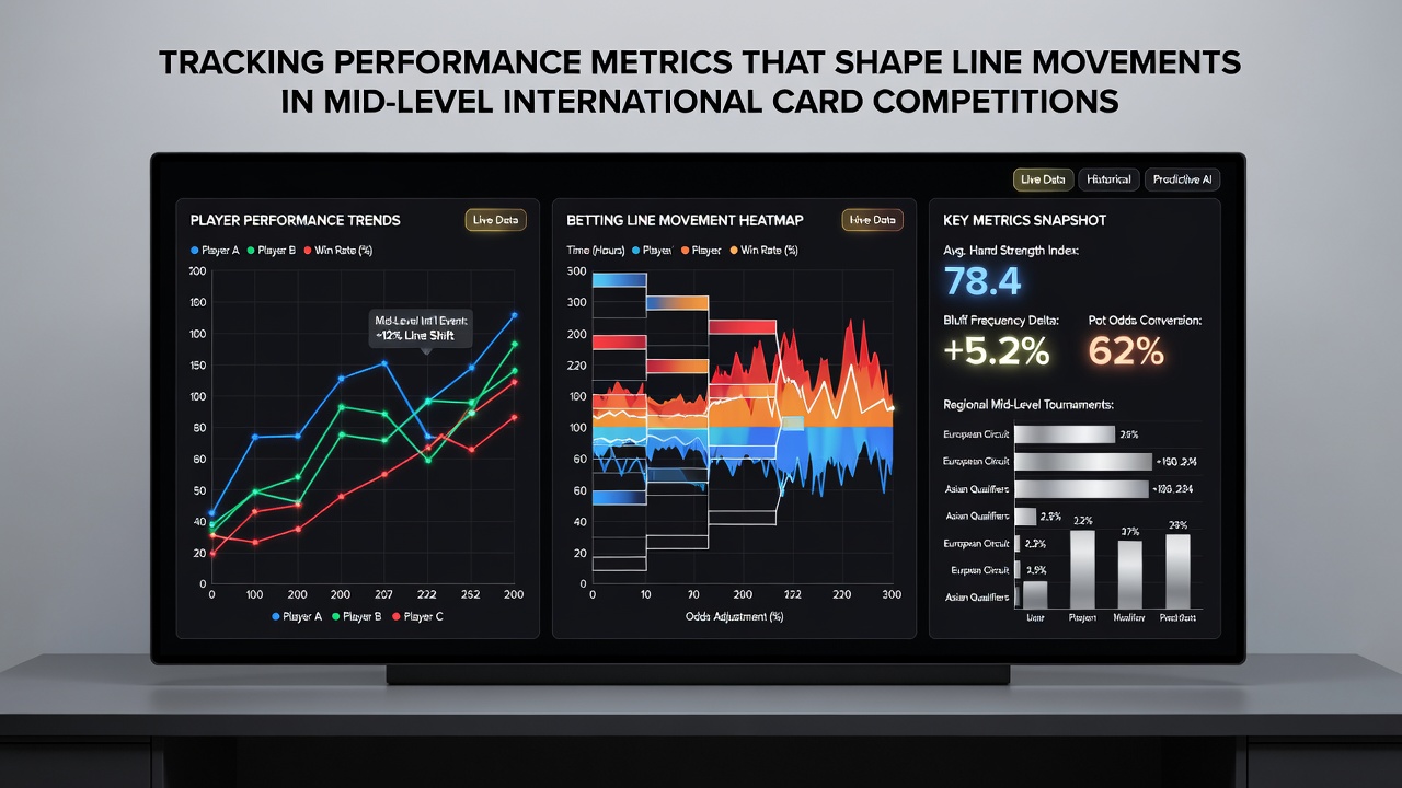 Live tournament floor view with overlaid performance tracking metrics influencing betting lines