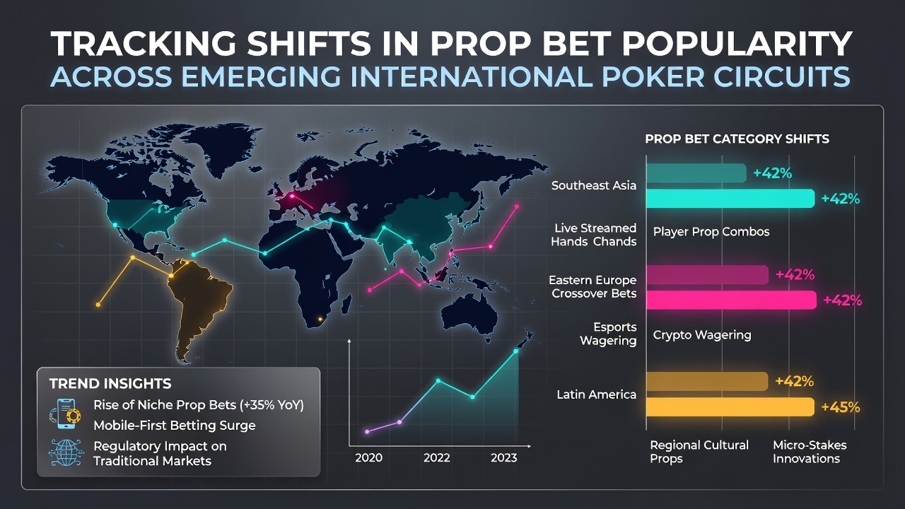 Players at an emerging international poker circuit reviewing prop bet options during a tournament break
