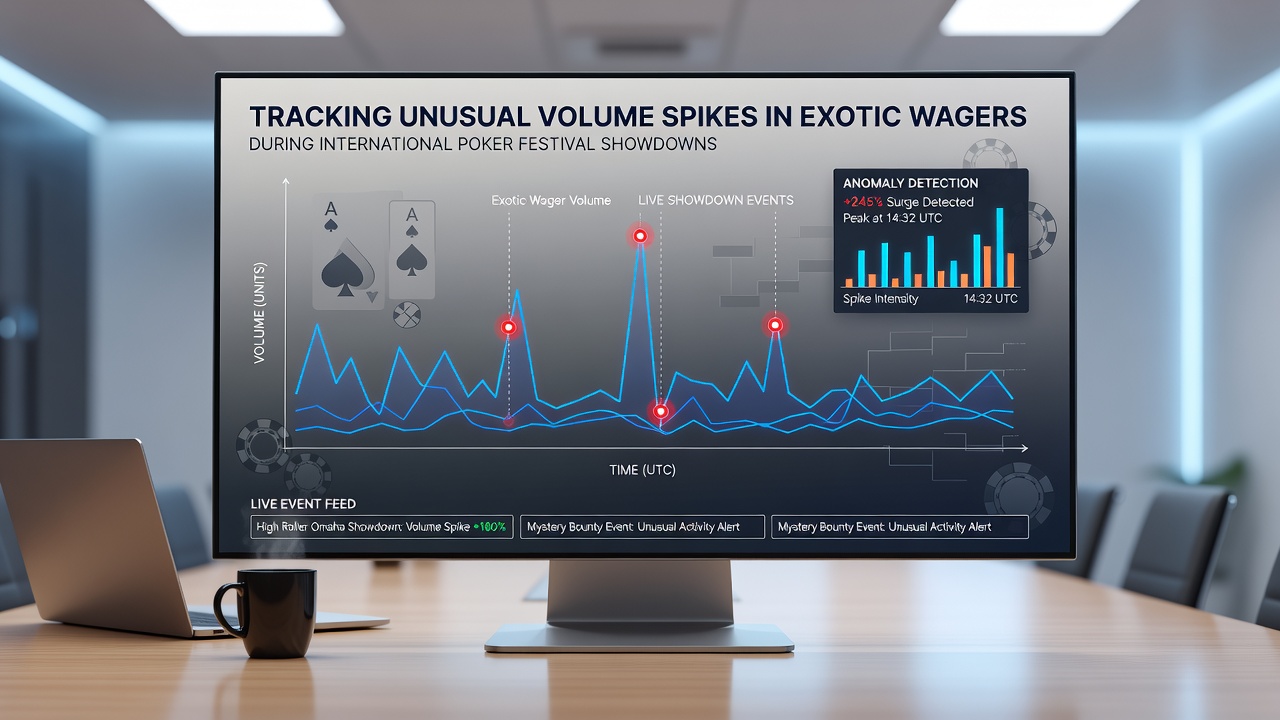 Live poker tournament floor with betting terminals displaying volume metrics