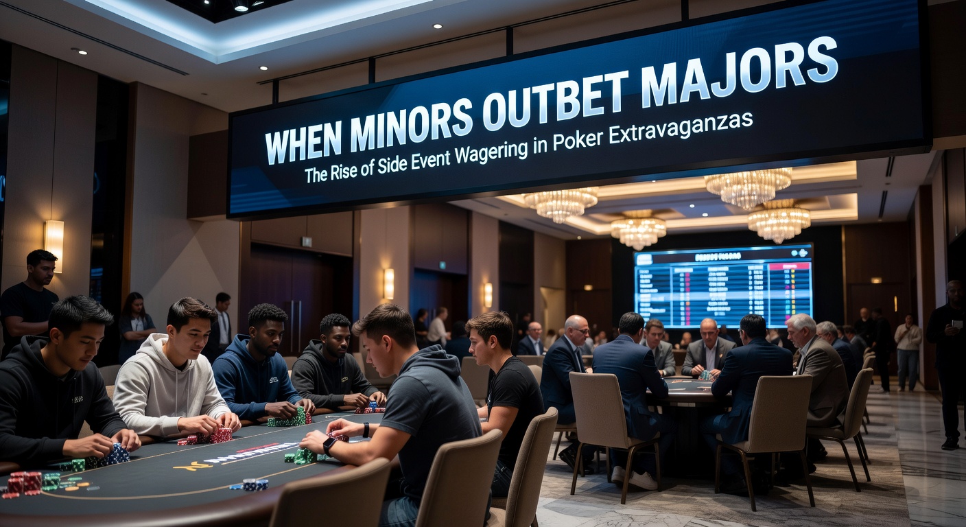 Crowded side event registration desk at a bustling poker festival, with players lining up and screens showing tournament schedules